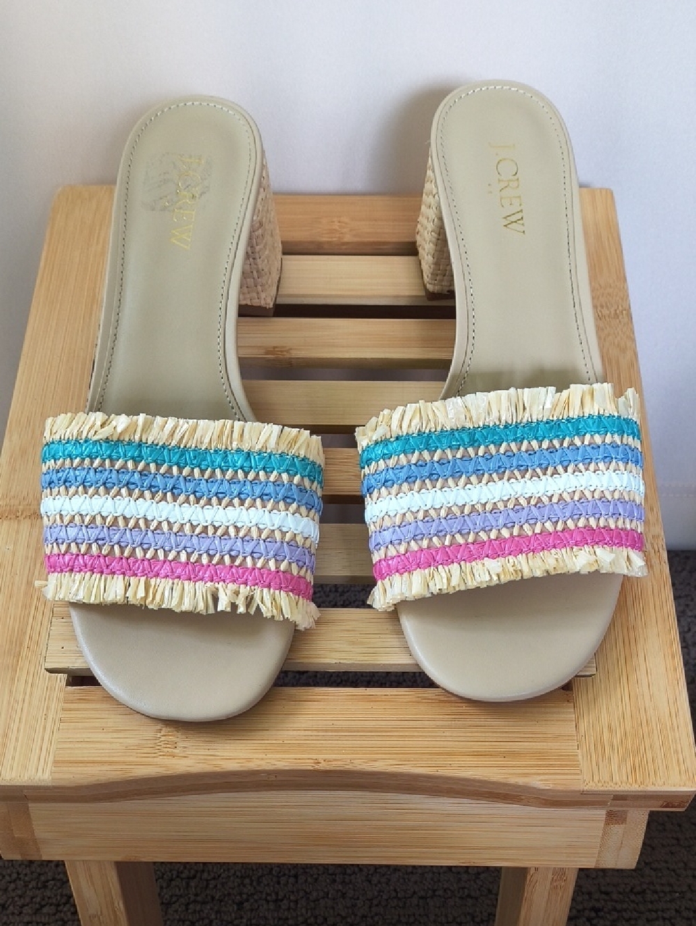 J. Crew Beige Raffia Slide Sandals with Blue, Pink & Turquoise Stripes